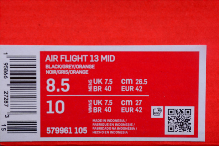 Nike Air Flight 13 Mid White Wolf Grey Total Orange Black 579961-105